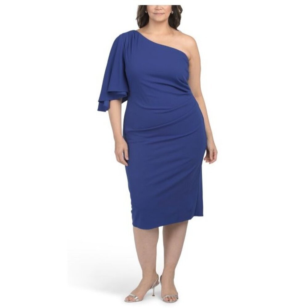 Marina Womens Plus Blue One Shoulder Sleeve Crepe Midi Cocktail Dress Sz 2X New